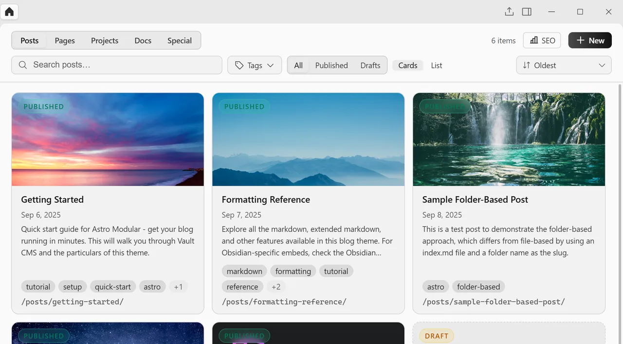 The Zeku dashboard showing a Posts collection as cards, with tabs for Pages, Projects, Docs, and Special collections read from the project's config