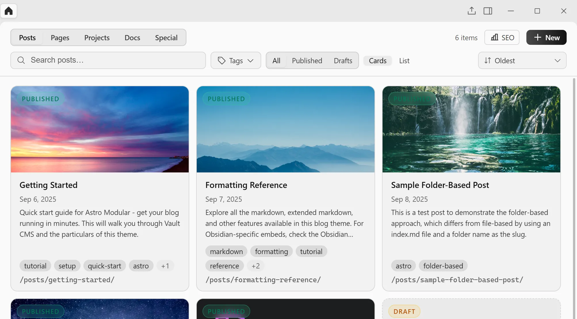 The Zeku dashboard showing a Posts collection as cards, with tabs for Pages, Projects, Docs, and Special collections read from the project's config