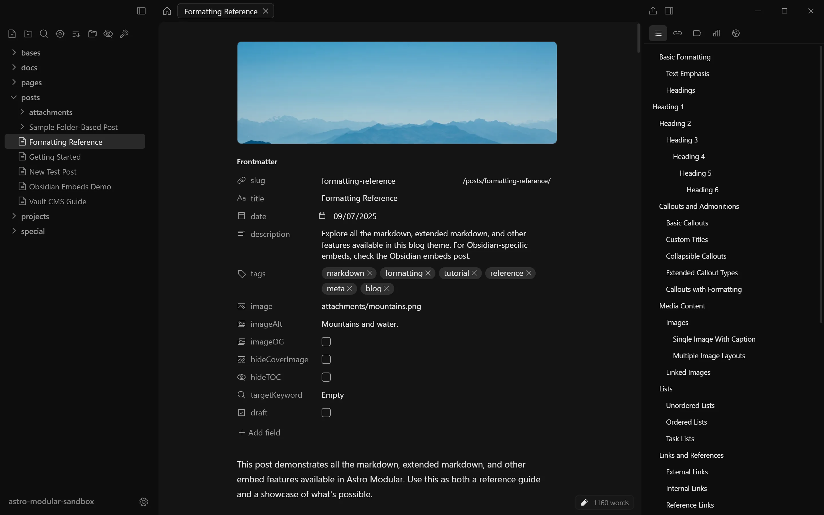 The Zeku window: a file tree on the left, a markdown post in live preview in the middle, with its frontmatter above the text