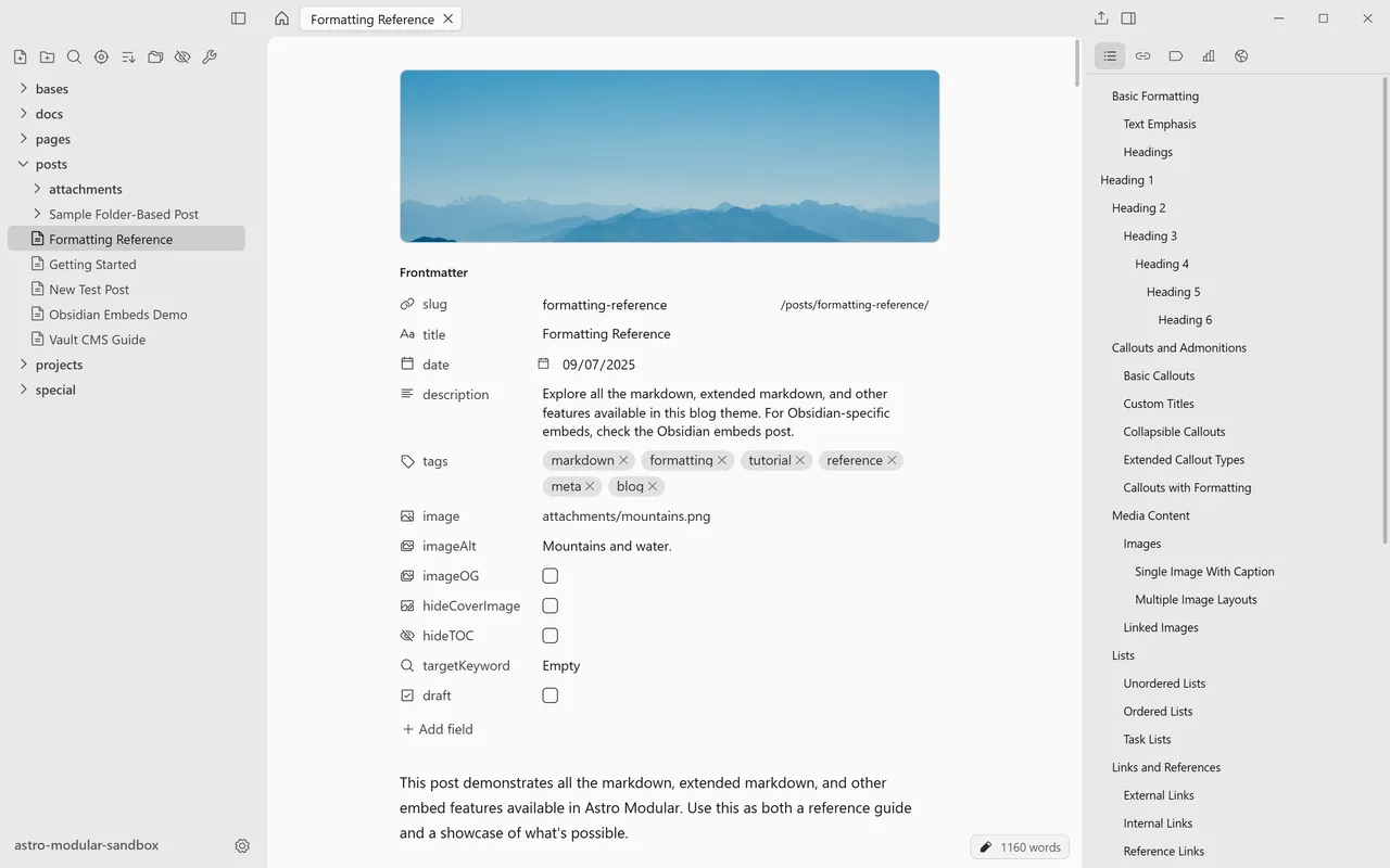 The Zeku window: a file tree on the left, a markdown post in live preview in the middle, with its frontmatter above the text
