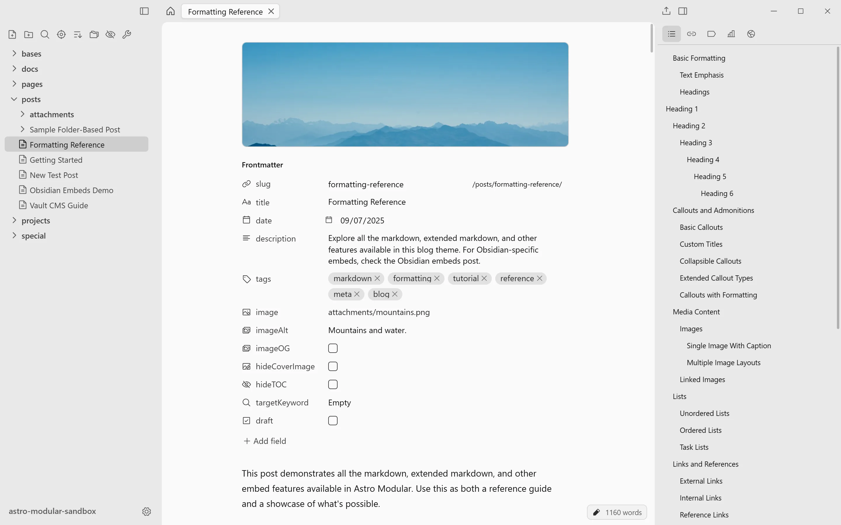 The Zeku window: a file tree on the left, a markdown post in live preview in the middle, with its frontmatter above the text