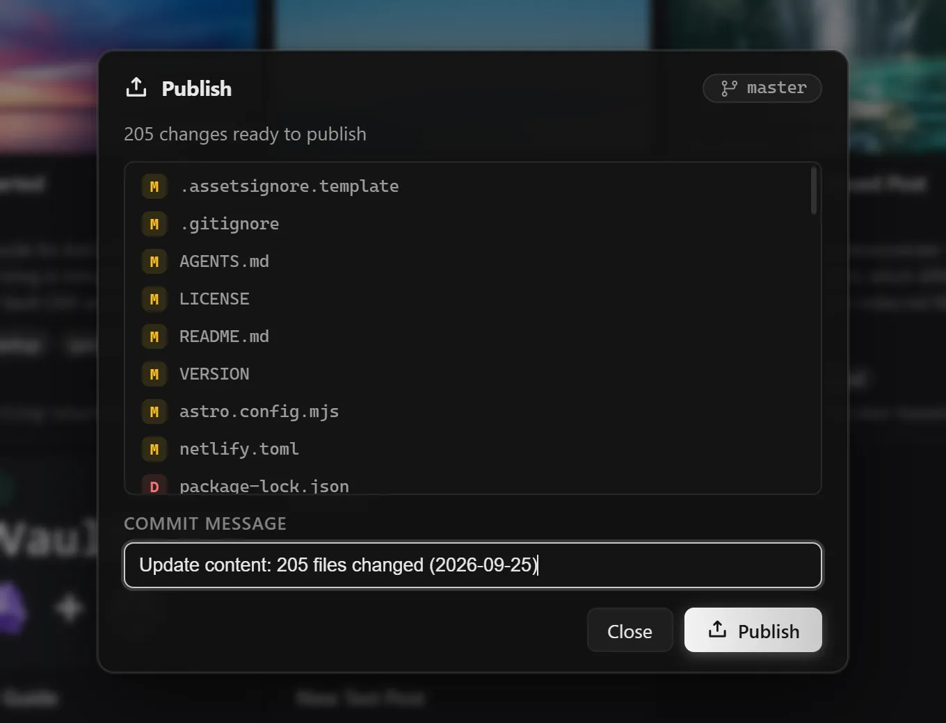 The Zeku publish dialog listing changed files above a commit message field and a Publish button