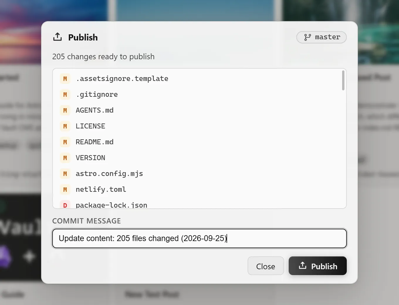 The Zeku publish dialog listing changed files above a commit message field and a Publish button
