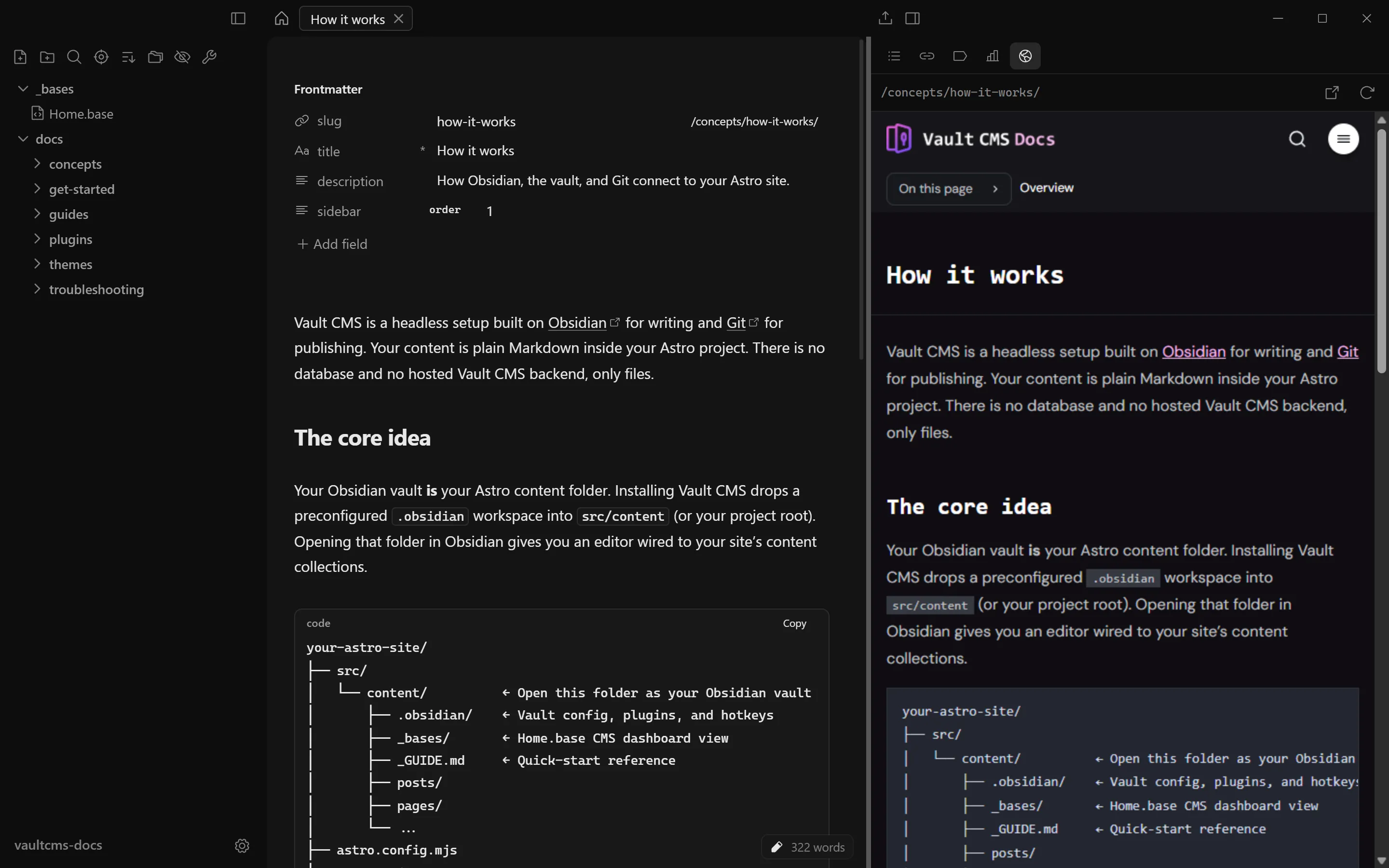 Zeku with the editor on the left and the live Astro dev server preview of the same page on the right