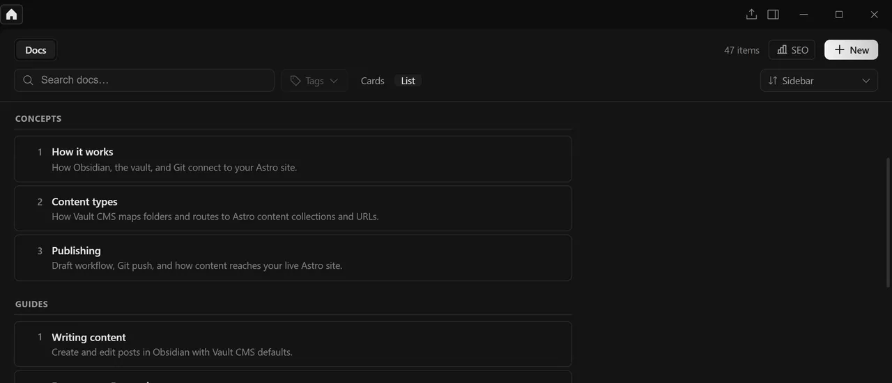 A Starlight docs project in Zeku, with pages listed in the same order as the site's sidebar