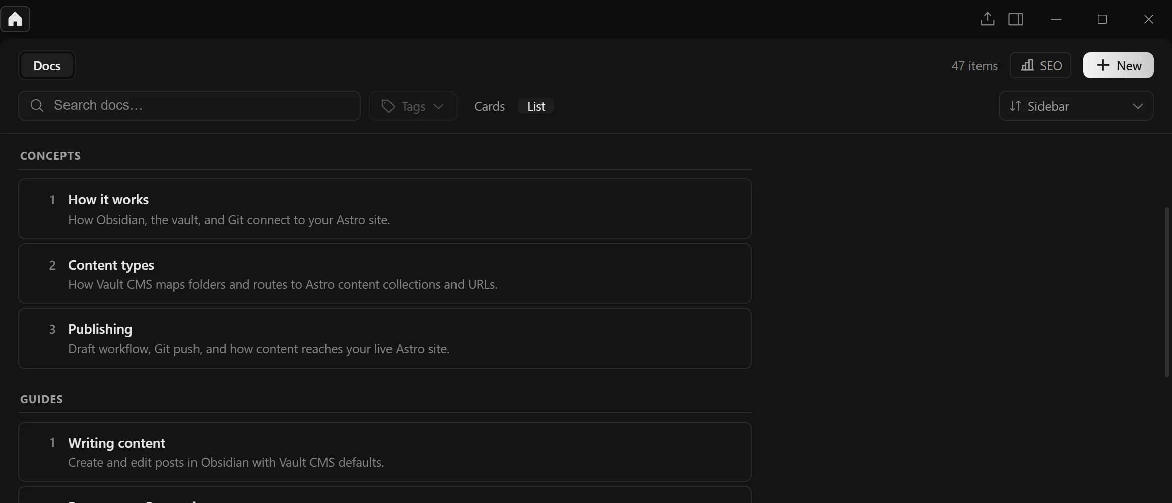 A Starlight docs project in Zeku, with pages listed in the same order as the site's sidebar