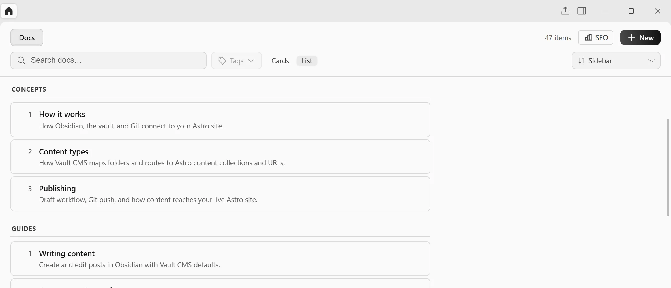 A Starlight docs project in Zeku, with pages listed in the same order as the site's sidebar