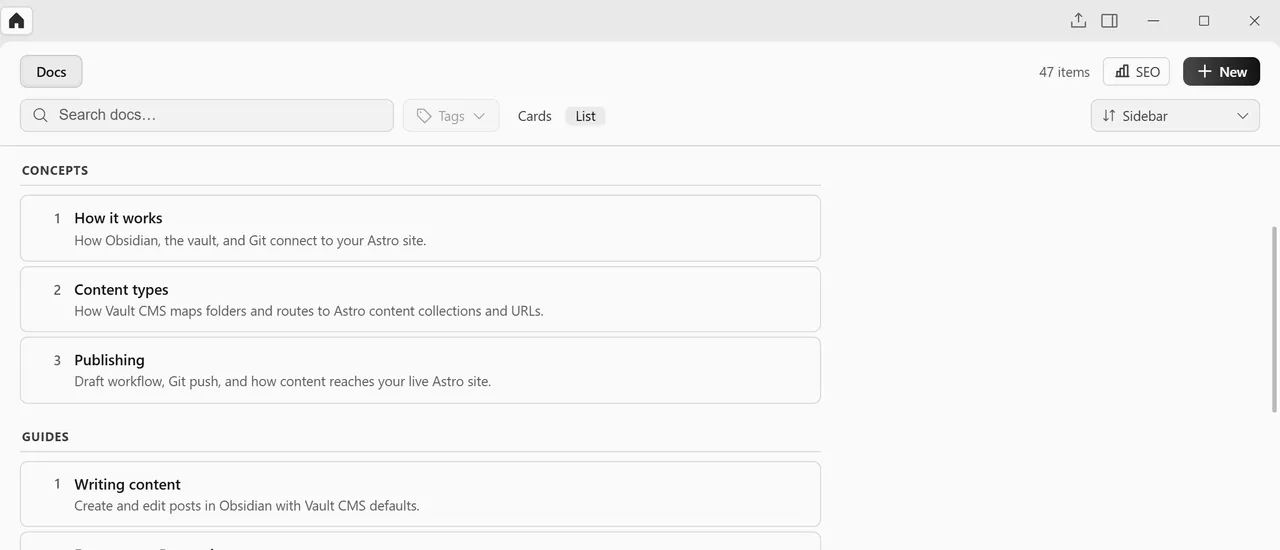 A Starlight docs project in Zeku, with pages listed in the same order as the site's sidebar