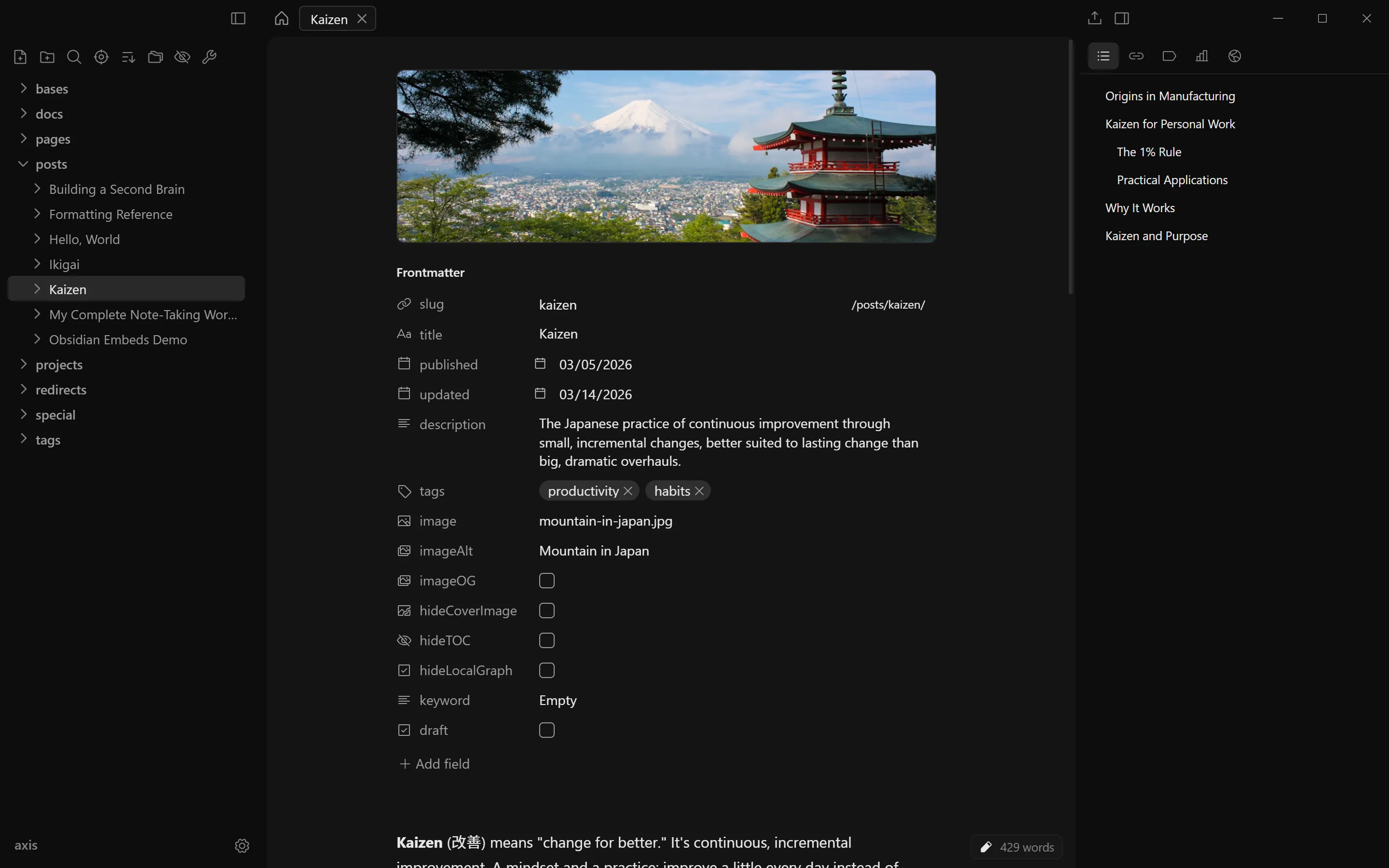 Zeku editing a post in a project built on the Axis theme