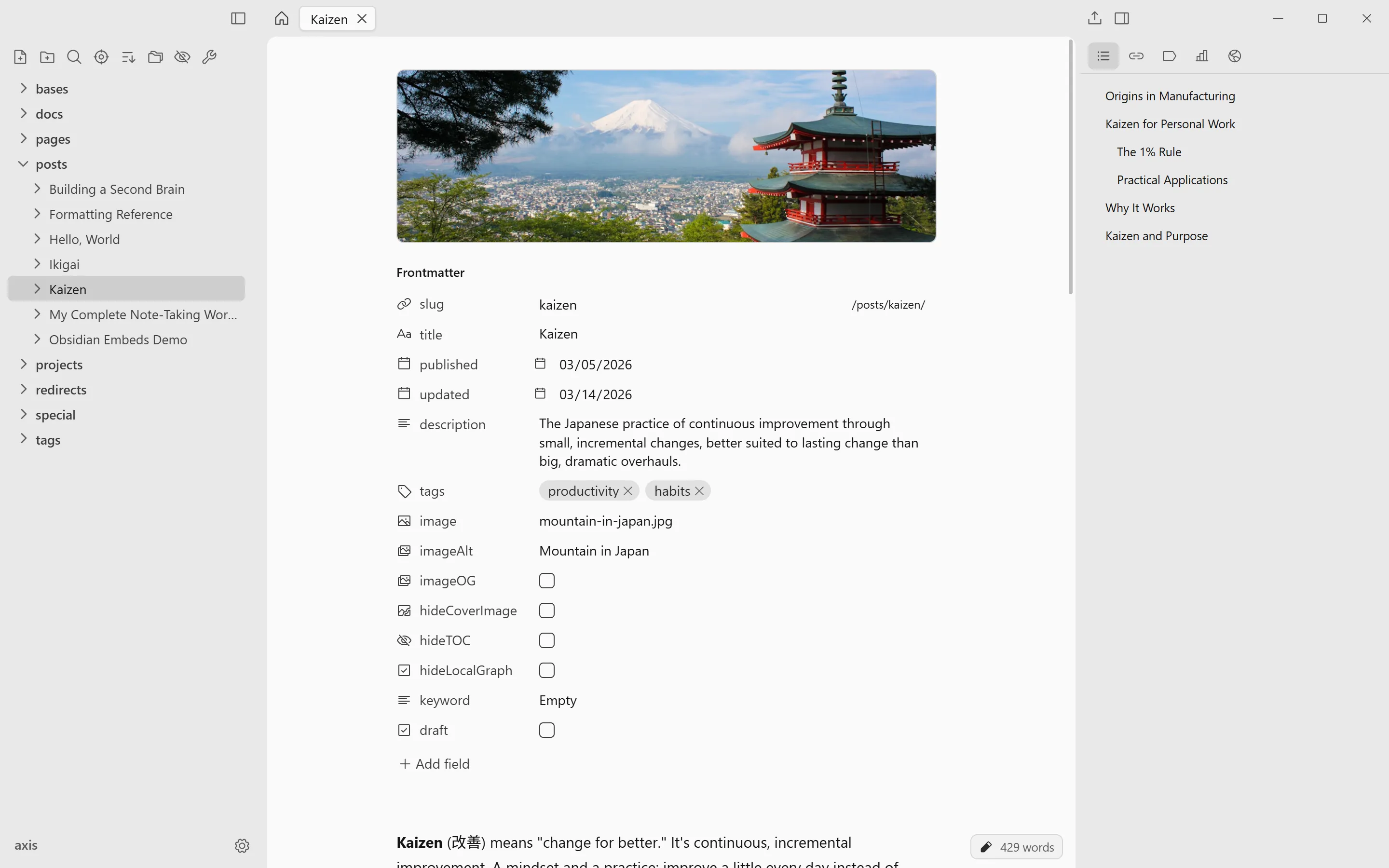 Zeku editing a post in a project built on the Axis theme